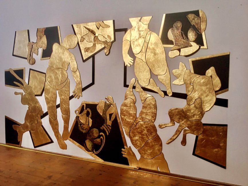 The Octogenarian Dance. Gold leaf, acrylic, liquid charcoal on foam board. h195 x w350 cms, 2023